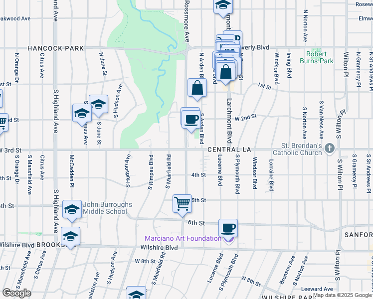 map of restaurants, bars, coffee shops, grocery stores, and more near W 3rd St & S Rossmore Ave in Los Angeles