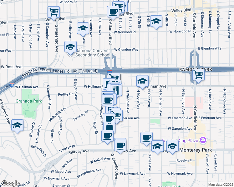 map of restaurants, bars, coffee shops, grocery stores, and more near 600 North Atlantic Boulevard in Monterey Park