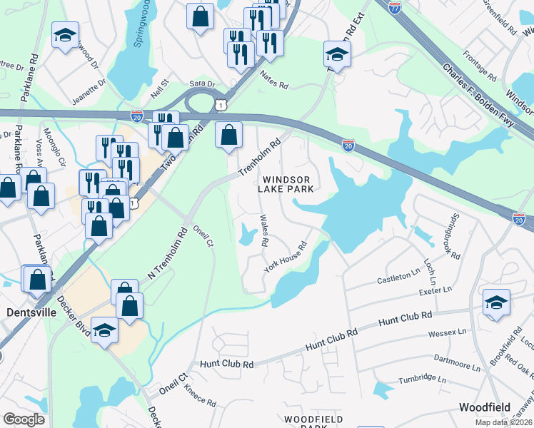 map of restaurants, bars, coffee shops, grocery stores, and more near 2823 Wales Road in Columbia