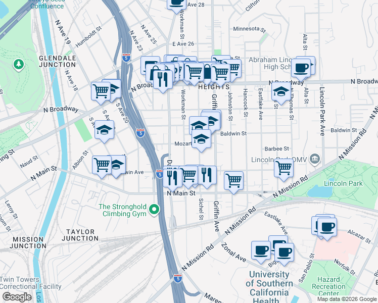map of restaurants, bars, coffee shops, grocery stores, and more near 2726 Mozart Street in Los Angeles