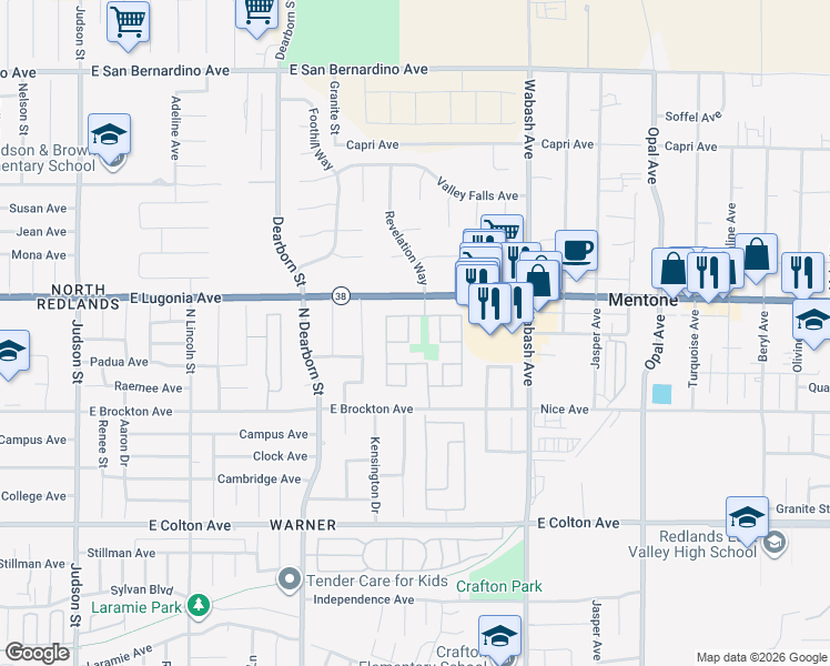 map of restaurants, bars, coffee shops, grocery stores, and more near 1234 Vía Palermo in Redlands