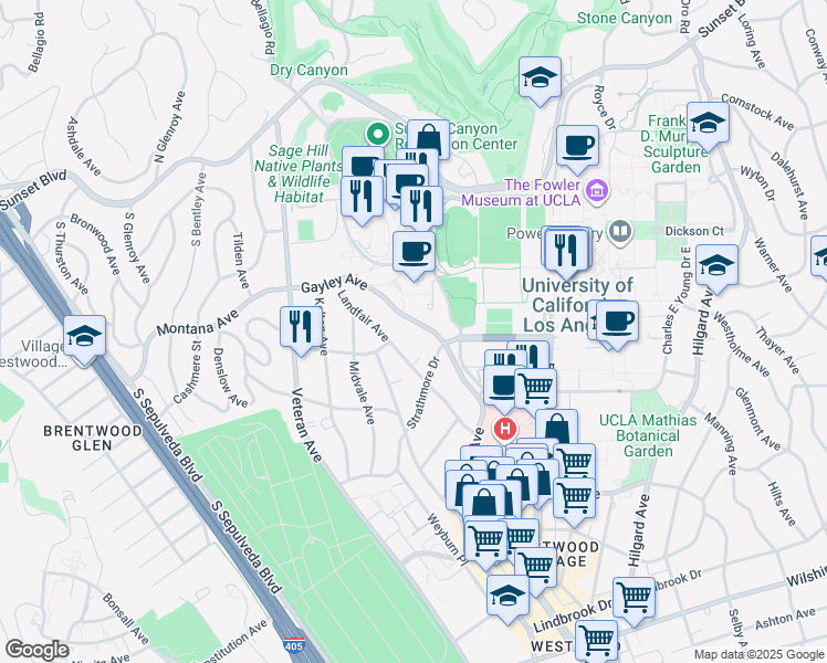 map of restaurants, bars, coffee shops, grocery stores, and more near 535 Gayley Avenue in Los Angeles
