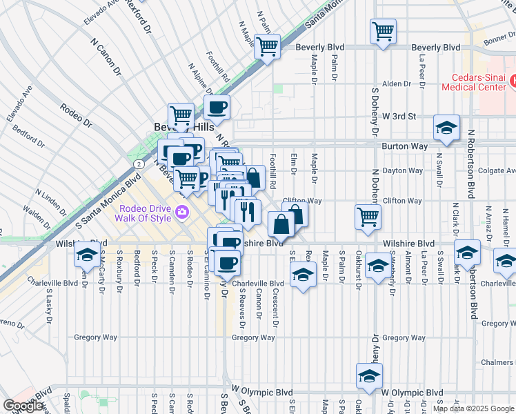 map of restaurants, bars, coffee shops, grocery stores, and more near 215 North Rexford Drive in Beverly Hills