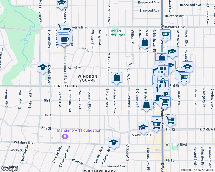 map of restaurants, bars, coffee shops, grocery stores, and more near W 3rd St & S Norton Ave in Los Angeles