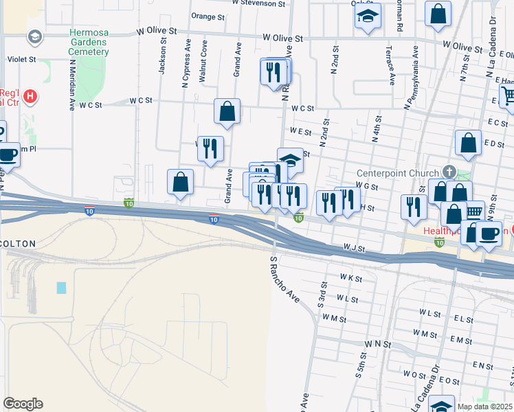 map of restaurants, bars, coffee shops, grocery stores, and more near 837 West Valley Boulevard in Colton