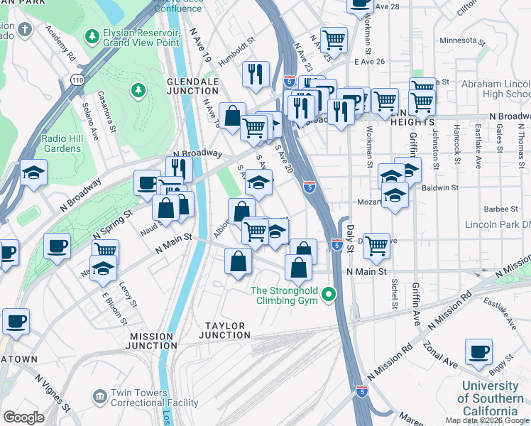 map of restaurants, bars, coffee shops, grocery stores, and more near 322 South Avenue 18 in Los Angeles