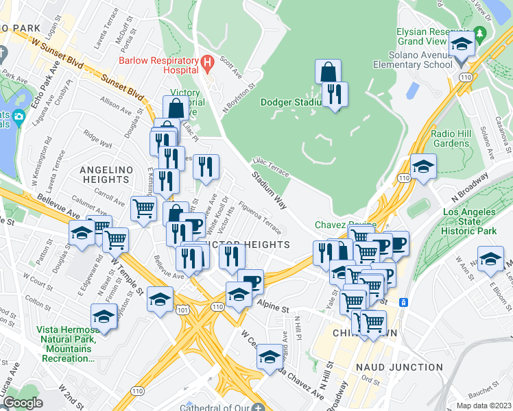 map of restaurants, bars, coffee shops, grocery stores, and more near 1013 Figueroa Terrace in Los Angeles