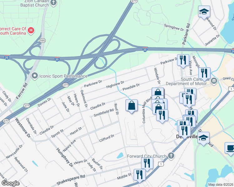 map of restaurants, bars, coffee shops, grocery stores, and more near 7352 Pinedale Drive in Columbia