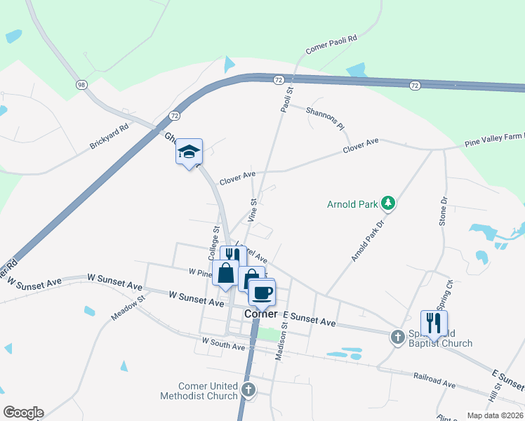 map of restaurants, bars, coffee shops, grocery stores, and more near 118 Vine Street in Comer