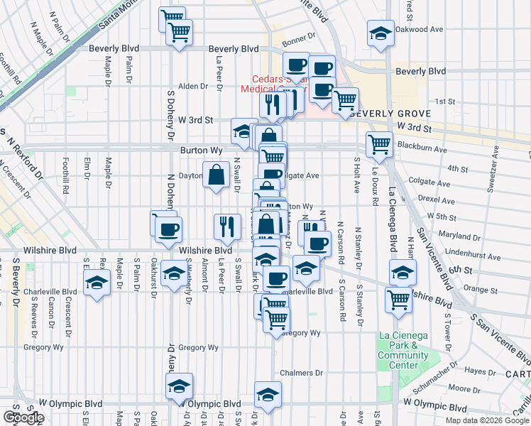 map of restaurants, bars, coffee shops, grocery stores, and more near in Beverly Hills