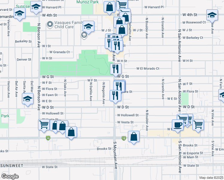 map of restaurants, bars, coffee shops, grocery stores, and more near 1106 West Flora Street in Ontario