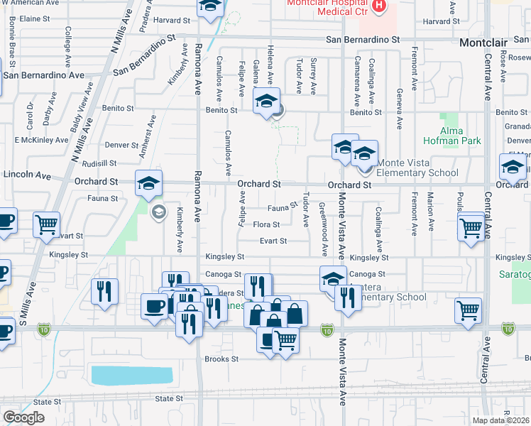 map of restaurants, bars, coffee shops, grocery stores, and more near 4687 Fauna Street in Montclair