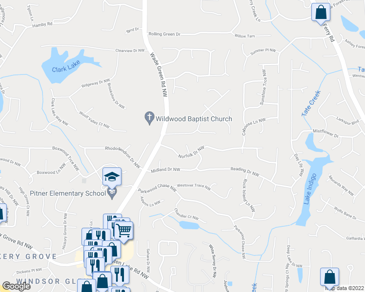 map of restaurants, bars, coffee shops, grocery stores, and more near 4795 Penn Court Northwest in Acworth