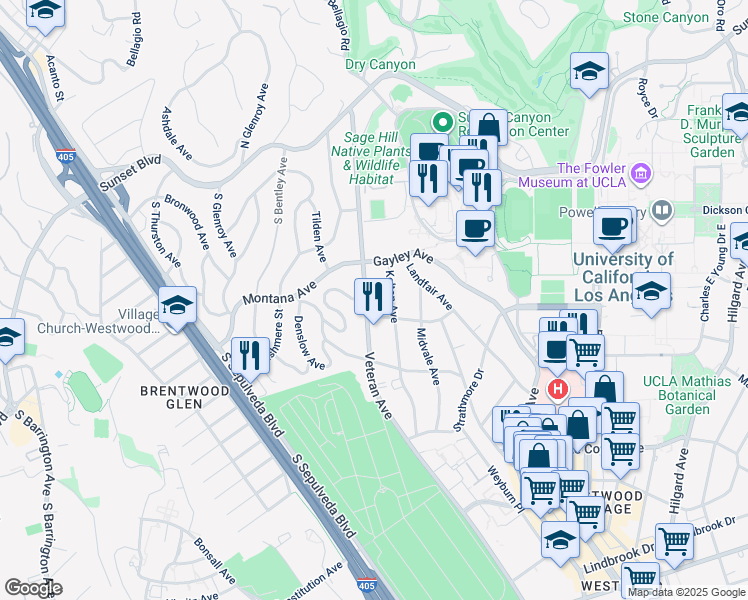 map of restaurants, bars, coffee shops, grocery stores, and more near 440 Veteran Avenue in Los Angeles