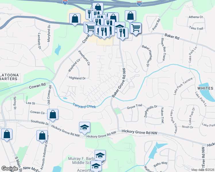 map of restaurants, bars, coffee shops, grocery stores, and more near 805 Windcroft Circle Northwest in Acworth