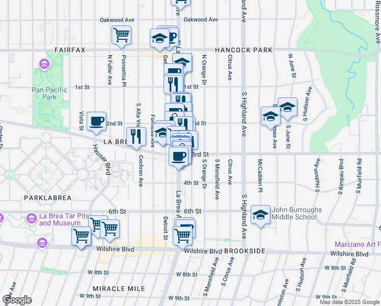map of restaurants, bars, coffee shops, grocery stores, and more near 307 South Sycamore Avenue in Los Angeles