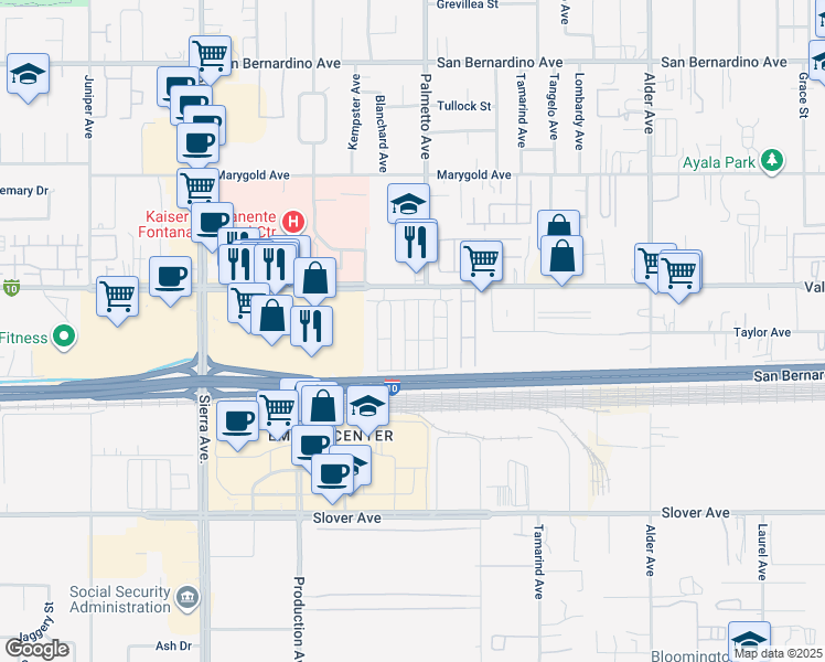 map of restaurants, bars, coffee shops, grocery stores, and more near 17333 Valley Boulevard in Fontana