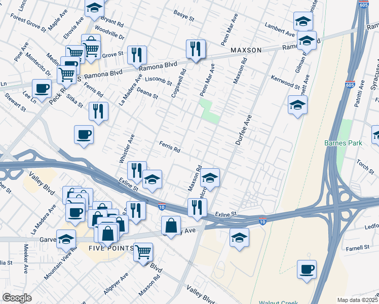 map of restaurants, bars, coffee shops, grocery stores, and more near 3625 Whiteflower Lane in El Monte