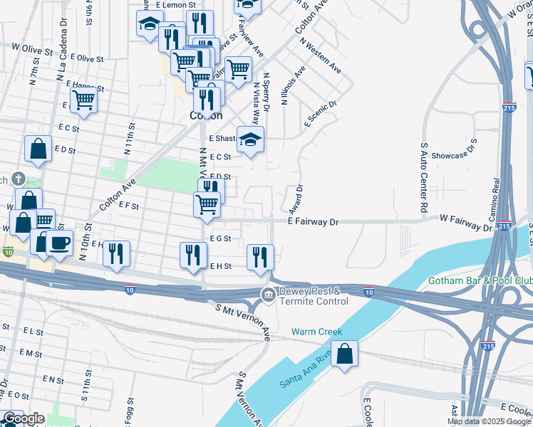 map of restaurants, bars, coffee shops, grocery stores, and more near 933 North Sperry Drive in Colton