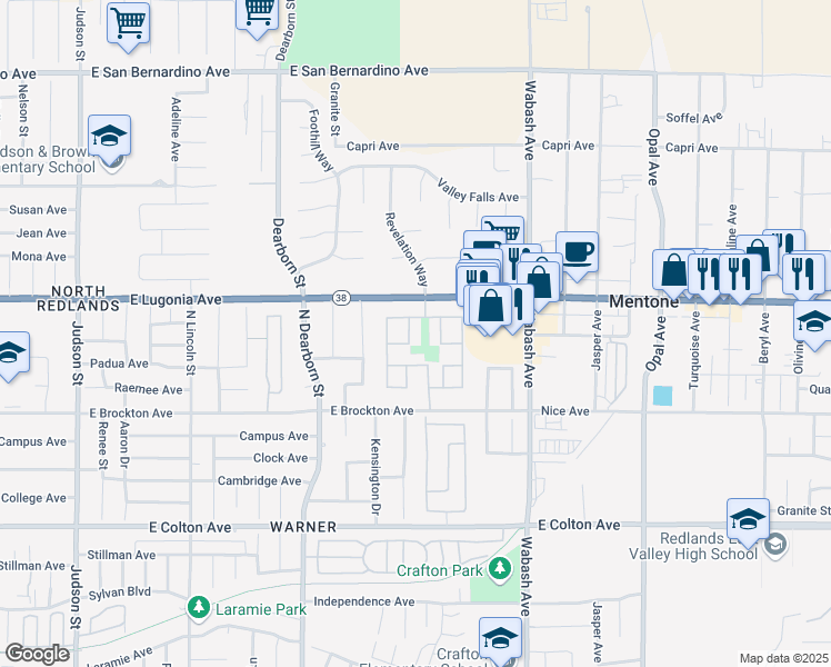 map of restaurants, bars, coffee shops, grocery stores, and more near 1234 Vía Palermo in Redlands