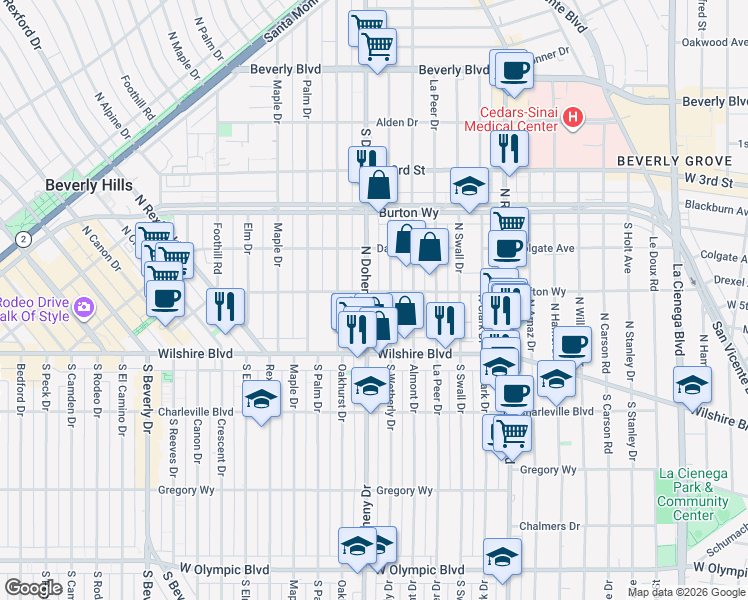 map of restaurants, bars, coffee shops, grocery stores, and more near 168 North Doheny Drive in Beverly Hills
