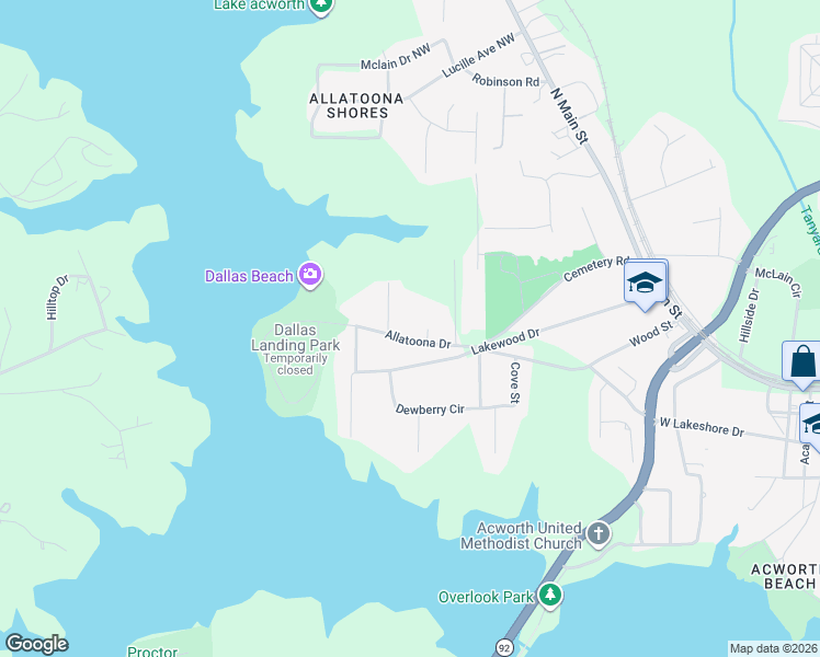 map of restaurants, bars, coffee shops, grocery stores, and more near 5044 Allatoona Drive in Acworth