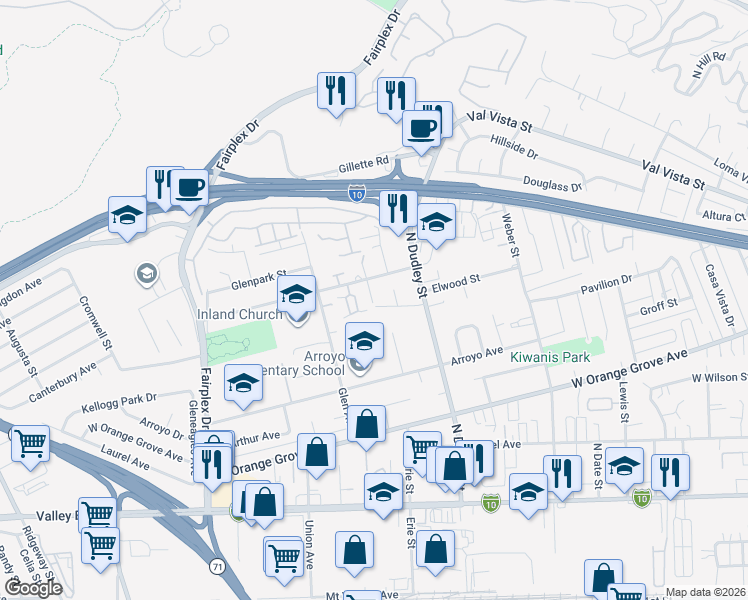 map of restaurants, bars, coffee shops, grocery stores, and more near 1563 La Vita Avenue in Pomona