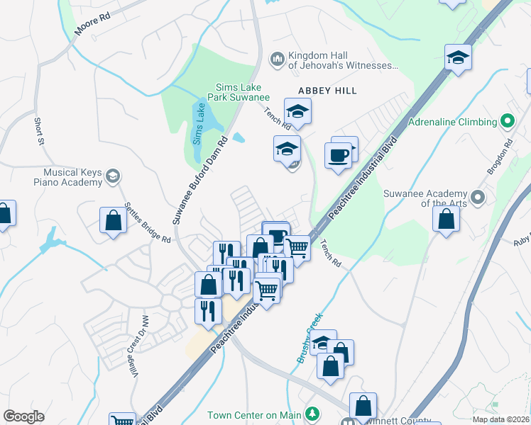 map of restaurants, bars, coffee shops, grocery stores, and more near 4120 Baverton Drive in Suwanee