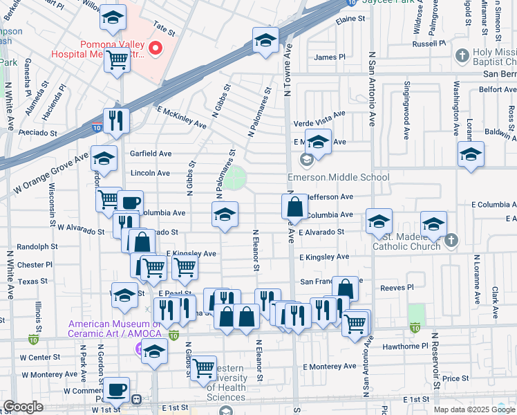 map of restaurants, bars, coffee shops, grocery stores, and more near 505 East Columbia Avenue in Pomona