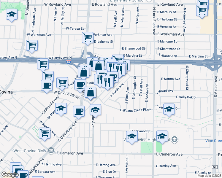 map of restaurants, bars, coffee shops, grocery stores, and more near 232 South Glendora Avenue in West Covina
