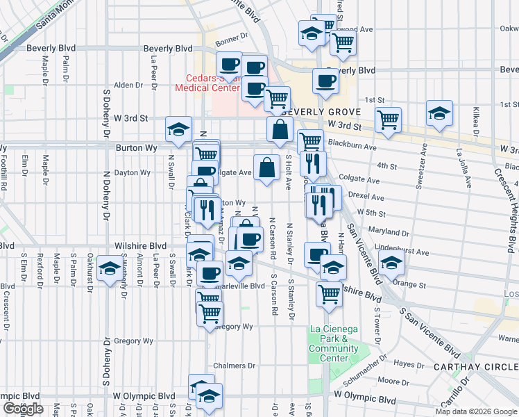 map of restaurants, bars, coffee shops, grocery stores, and more near 164 North Willaman Drive in Beverly Hills