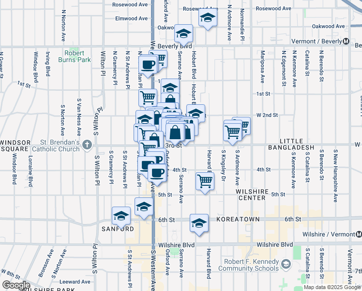 map of restaurants, bars, coffee shops, grocery stores, and more near S Serrano Ave & W 3rd St in Los Angeles