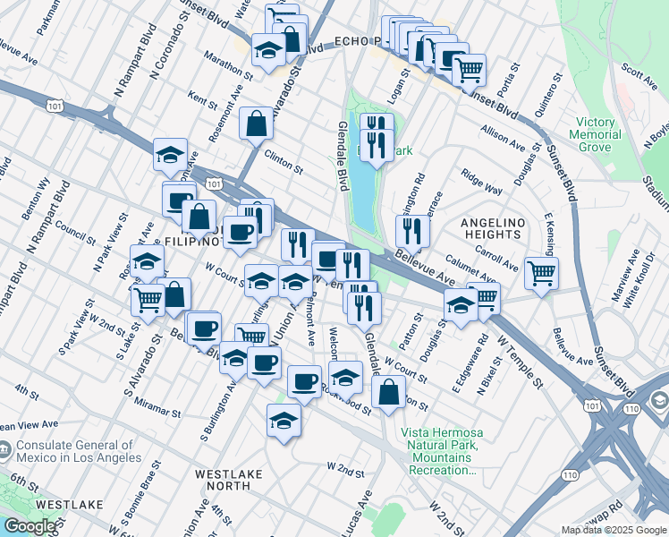 map of restaurants, bars, coffee shops, grocery stores, and more near 1626 Palo Alto Street in Los Angeles
