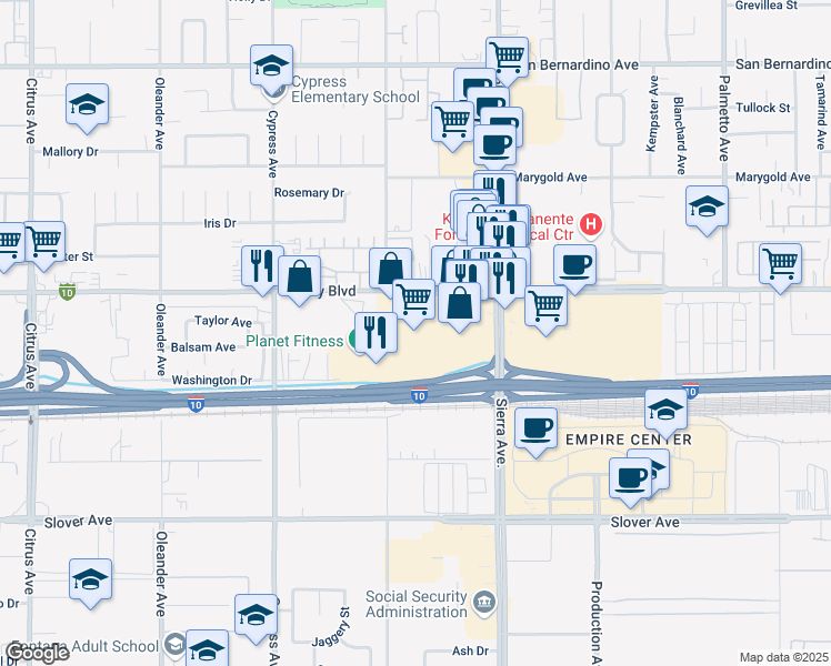 map of restaurants, bars, coffee shops, grocery stores, and more near 16711 Juniper Avenue in Fontana