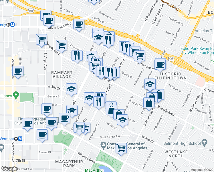map of restaurants, bars, coffee shops, grocery stores, and more near 121 South Rampart Boulevard in Los Angeles