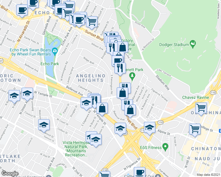 map of restaurants, bars, coffee shops, grocery stores, and more near 731 East Kensington Road in Los Angeles