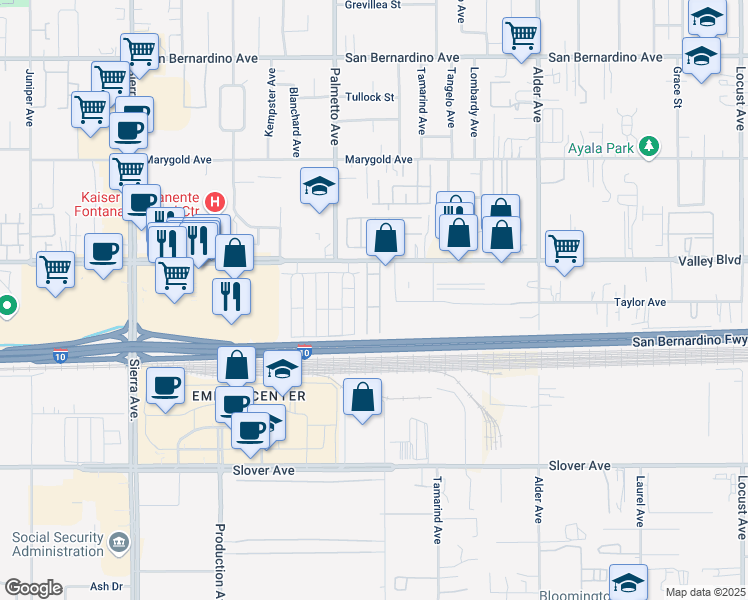 map of restaurants, bars, coffee shops, grocery stores, and more near Valley Boulevard in Fontana