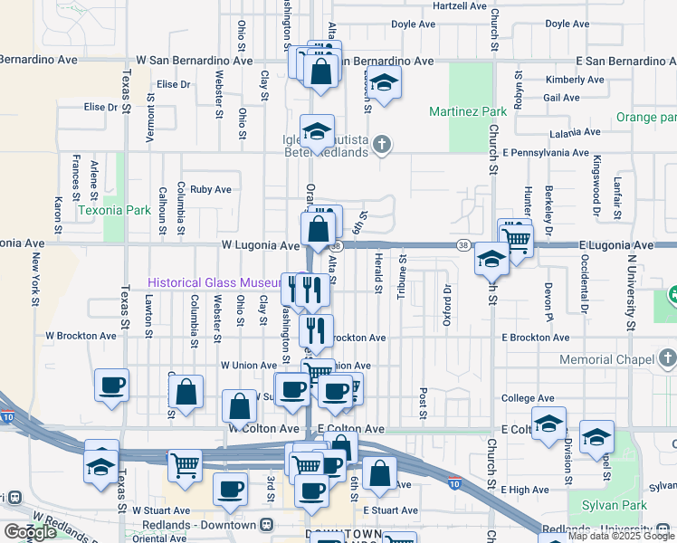 map of restaurants, bars, coffee shops, grocery stores, and more near 1243 Alta Street in Redlands