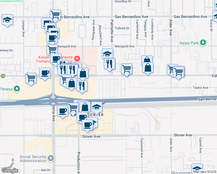 map of restaurants, bars, coffee shops, grocery stores, and more near 17333 Valley Boulevard in Fontana