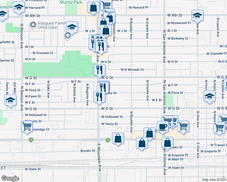 map of restaurants, bars, coffee shops, grocery stores, and more near 963 West F Street in Ontario