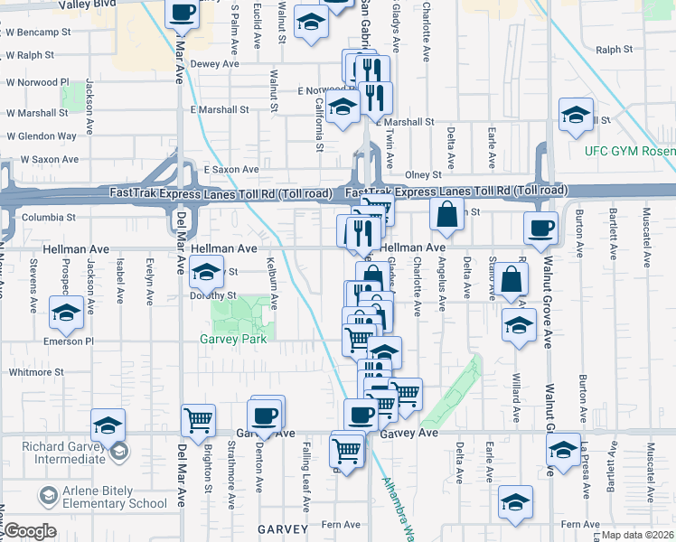 map of restaurants, bars, coffee shops, grocery stores, and more near 3351 Alanreed Avenue in Rosemead