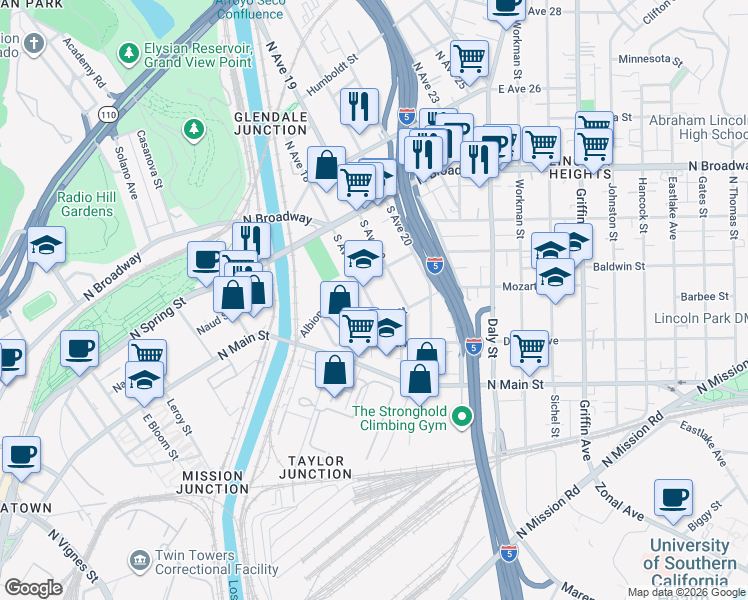 map of restaurants, bars, coffee shops, grocery stores, and more near 307 South Avenue 18 in Los Angeles