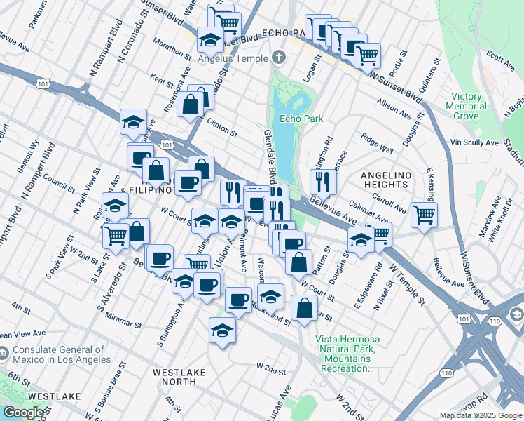 map of restaurants, bars, coffee shops, grocery stores, and more near 555 Glendale Boulevard in Los Angeles