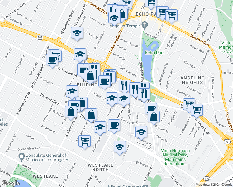 map of restaurants, bars, coffee shops, grocery stores, and more near 409 North Burlington Avenue in Los Angeles
