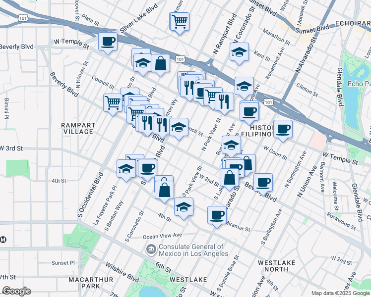 map of restaurants, bars, coffee shops, grocery stores, and more near 121 North Carondelet Street in Los Angeles