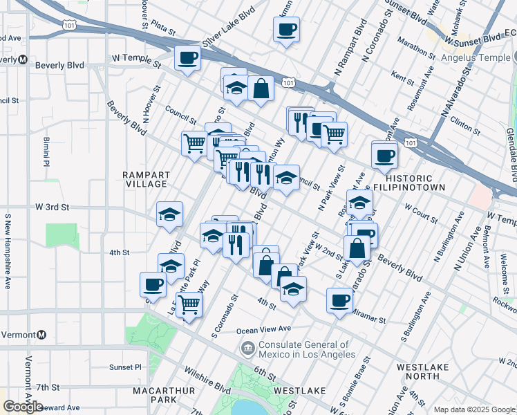 map of restaurants, bars, coffee shops, grocery stores, and more near 110 South Benton Way in Los Angeles