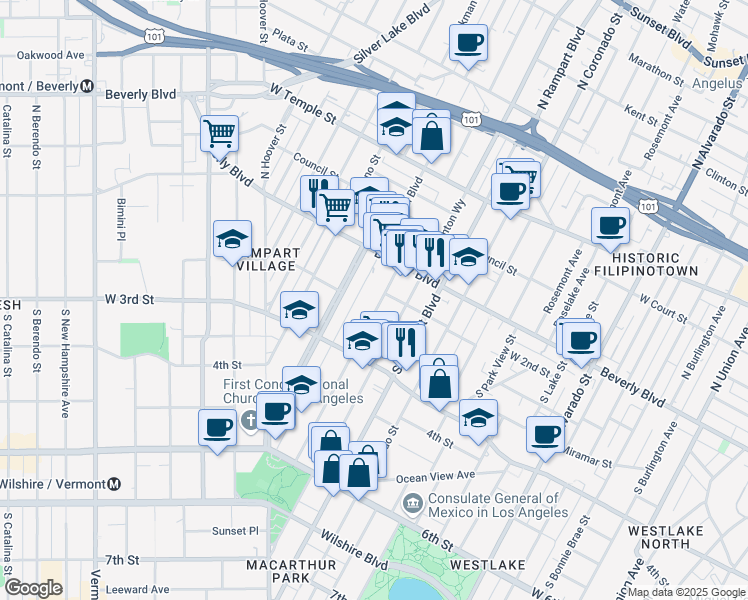 map of restaurants, bars, coffee shops, grocery stores, and more near 133 South La Fayette Park Place in Los Angeles