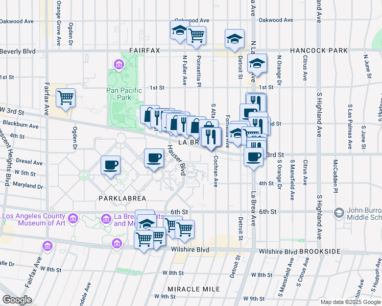 map of restaurants, bars, coffee shops, grocery stores, and more near 344 Hauser Boulevard in Los Angeles