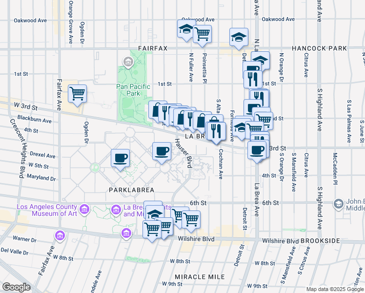 map of restaurants, bars, coffee shops, grocery stores, and more near 344 Hauser Boulevard in Los Angeles