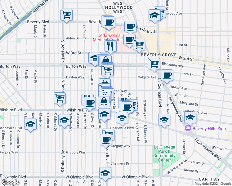 map of restaurants, bars, coffee shops, grocery stores, and more near 8743 Clifton Way in Beverly Hills